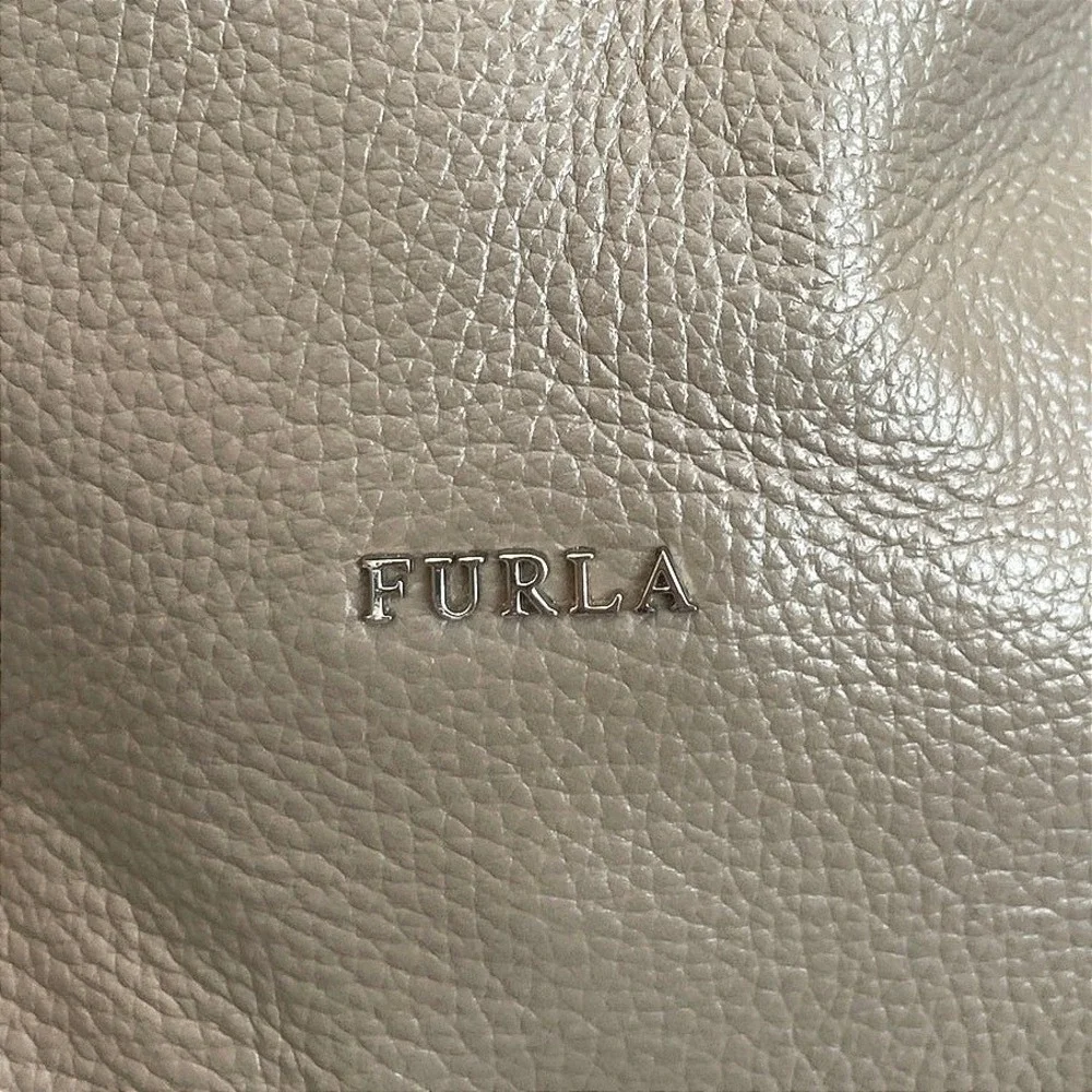 Furla Large Hobo Bag Taupe Greige Pebbled Leather Shoulder Bag Gold Medallion